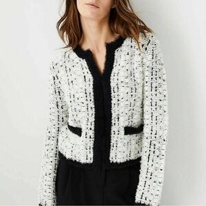 Ann Taylor Sz S Black White Fuzzy Tweed Cardigan Sweater Career Blazer Jacket
